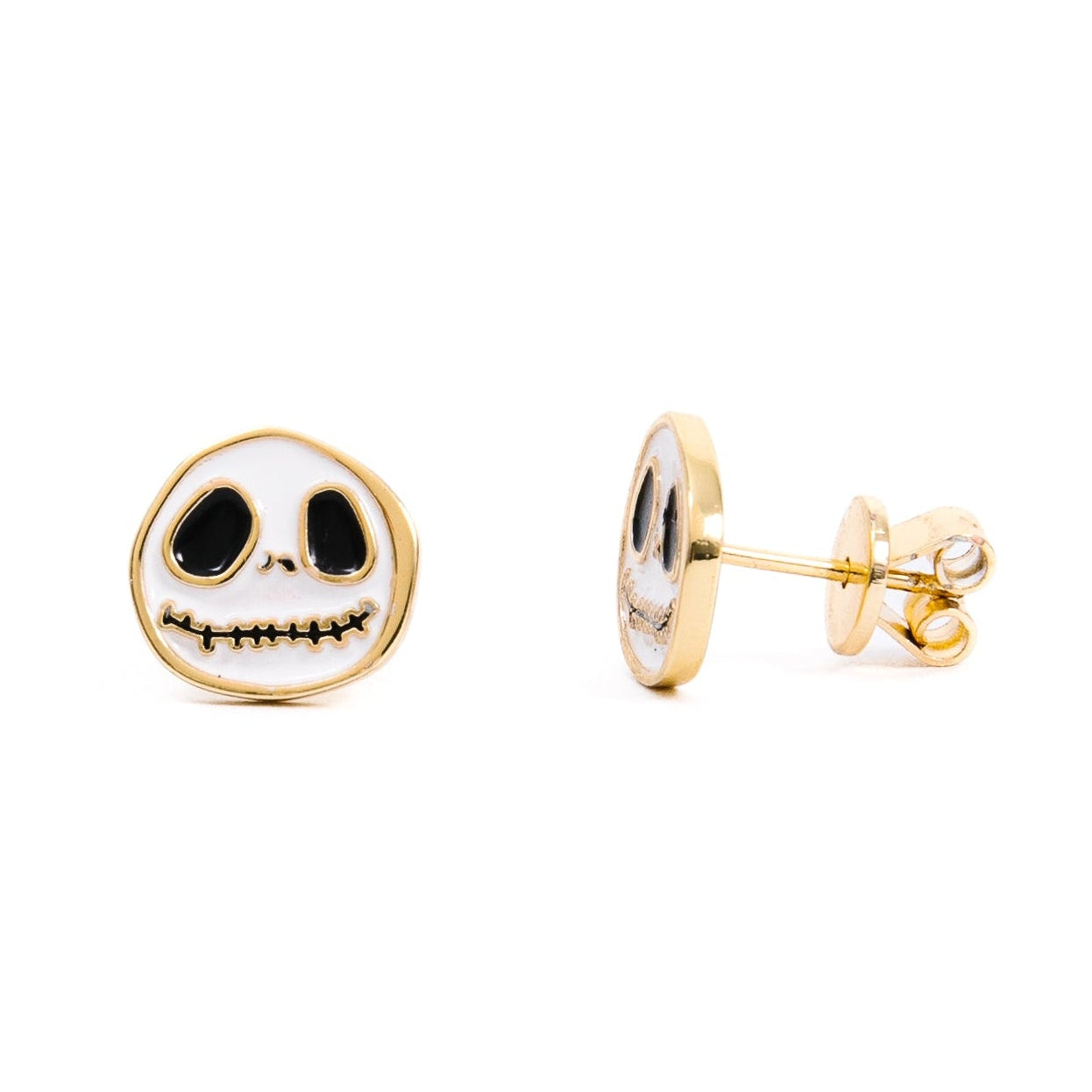 A pair of gold-plated stud earrings featuring Jack Skellington's face, shown from both front and side angles on a clean white background.
