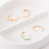 Earring Stack: Turquoise Huggies + Hexagon Huggies